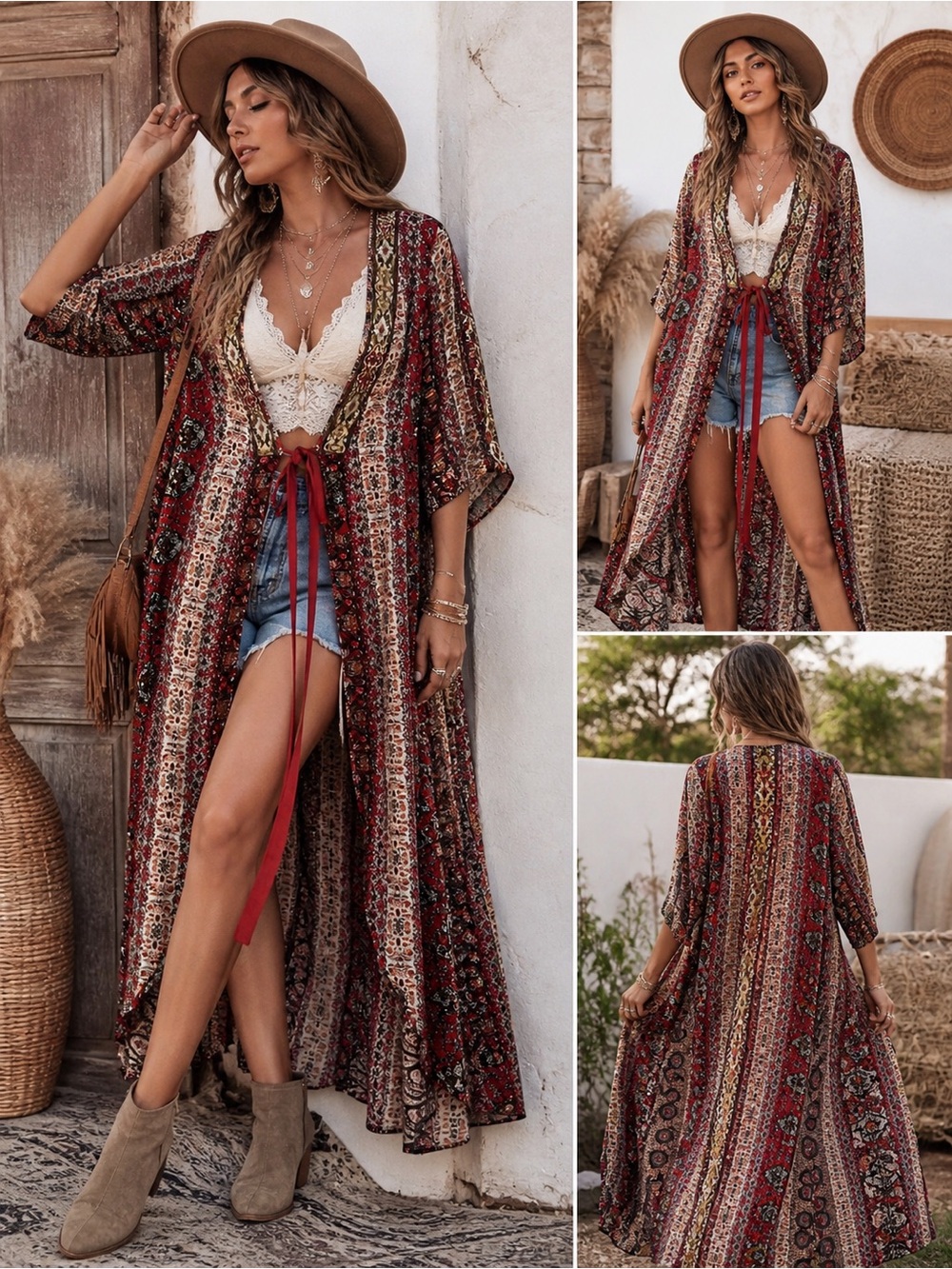 Aratta Silent Journey Boho Printed Long Duster Kimono Burnt Velvet Back L
